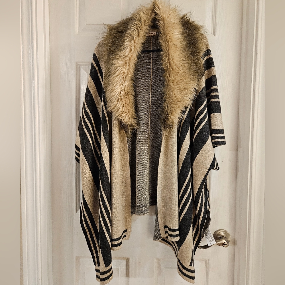 Merona Striped Faux Fur Trim Poncho Size S/M